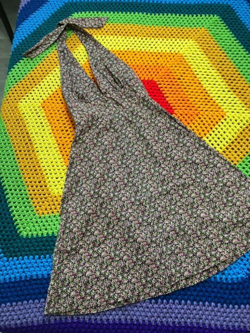 70's Vintage One California Black Pink Green Calico Halter Prairie Mini Dress